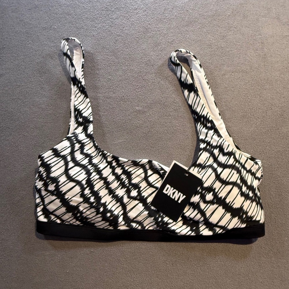 DKNY Women XL Black White Abstract Print Bikini Top Soft Cups UPF 50+ New